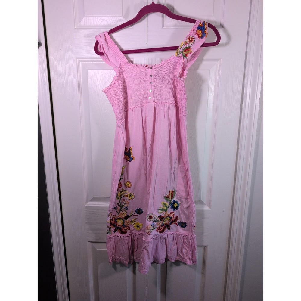 Johnny Was JWLA Sleeveless Pink Embroidered Ruffled Dress With Pockets Large